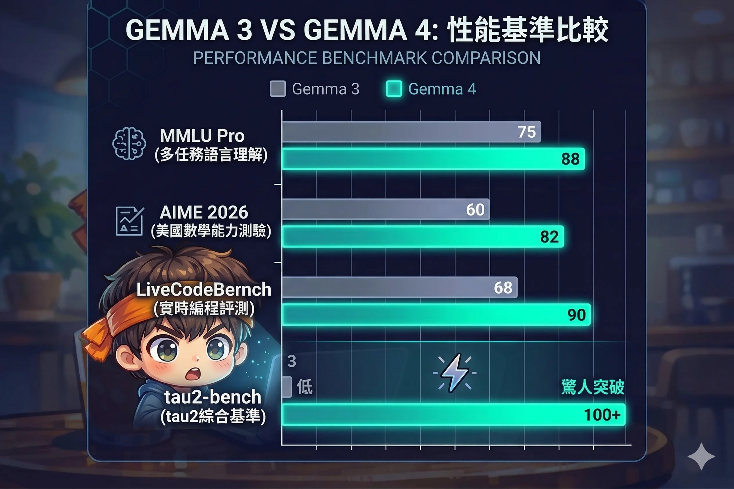 Gemma 3 vs Gemma 4 基准对比