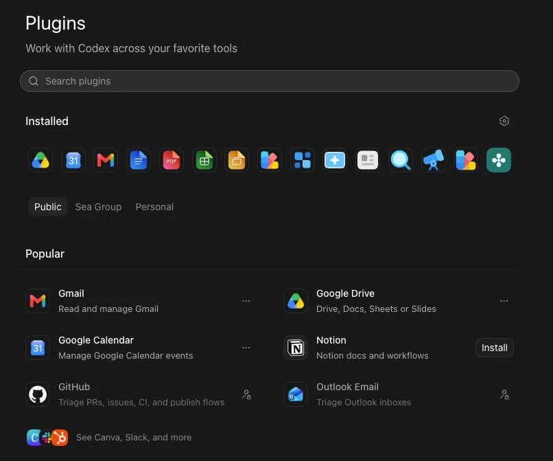 Codex 的 Plugins 页