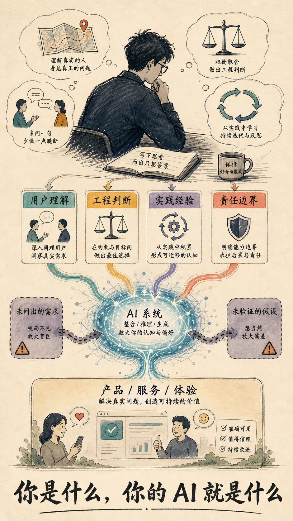 一个人的经验、用户洞察、工程知识和责任意识汇入 AI 系统,输出为最终产品体验的概念图